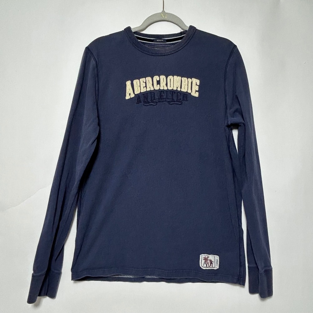 Abercrombie & Fitch Shirt Mens L Pullover Spellout Muscle Tee Sewn‎ On Logo Blue